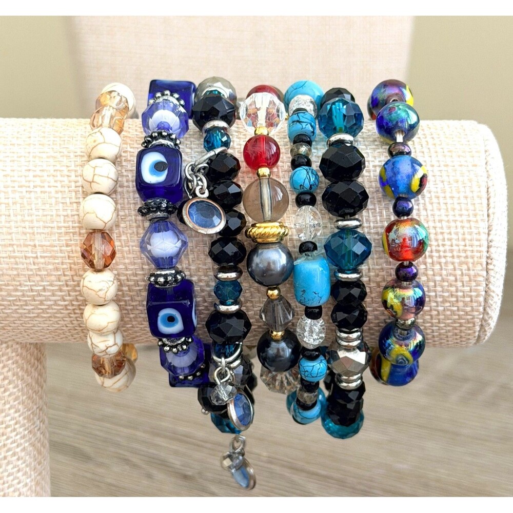 Lot of 7 Beaded Stretch Bracelets Evil Eye Turquoise Style Daily Wear Jewelry